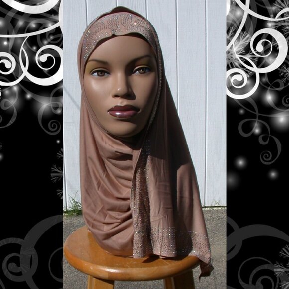 Tan Instant Mona Hijab One Piece Muslim Rhinestone Hijab - Picture 2 of 2